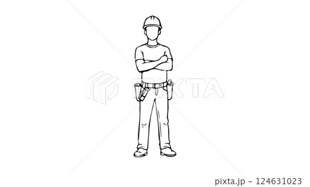 Construction worker stands arms crossed. Hard hat tool belt uniform. Safety building site industrial design. Full shot blank vector illustration Construction worker stands arms crossed. Hard hat tool belt uniform. Safety building site industrial design. Full shot blank vector illustration 124631023