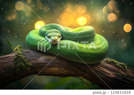 Bright Green Python Coiled on Branch with Stunning Texture and Natural Background Bokeh Highlights 124631059