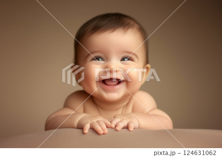 Adorable Baby Smiling with Bright Eyes in Soft Natural Light Portrait 124631062