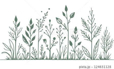 Green foliage grass plants. Minimalist botanical illustration nature. Perfect decoration design web. Outline clean top view vector illustration 124631128