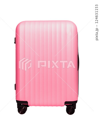 Spinner suitcase, wheeled luggage, pink baggage isolated on white. Spinner suitcase, wheeled luggage, pink baggage isolated on white. 124631153