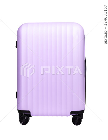 Violet spinner suitcase with wheels, perfect for a stylish vacation. Modern, portable hand luggage 124631157