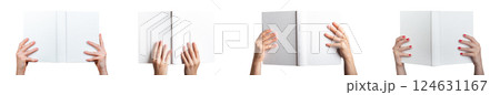 Book in hand. Female showing open hardcover hardback mockup cover and spine, concept of reading, 124631167