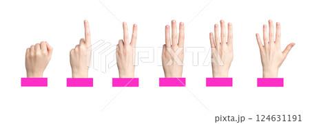 Hand counting 1, 2, 3, 4, and 5 with fingers in a progression. Female person showing a numeric Hand counting 1, 2, 3, 4, and 5 with fingers in a progression. Female person showing a numeric 124631191