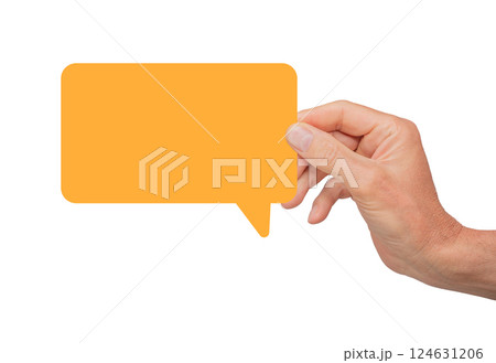 Hand holding an empty speech bubble, symbolizing communication and feedback. Concept of online Hand holding an empty speech bubble, symbolizing communication and feedback. Concept of online 124631206