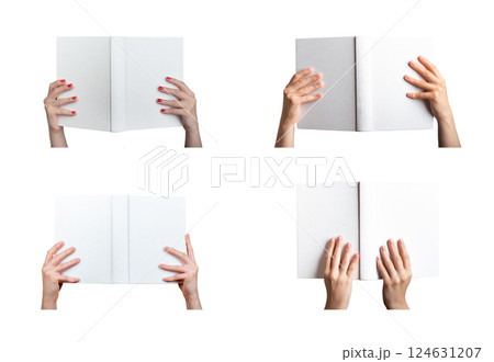 Hand holding an open hardcover book, showcasing the front and back covers. Female person reading, Hand holding an open hardcover book, showcasing the front and back covers. Female person reading, 124631207
