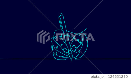 Hand writes pen paper. Business document signature. Contract design education notes. Minimal line drawing dark blue background vector illustration 124631250