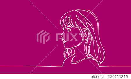 Girl face side view. Beautiful young female portrait. Fashion beauty branding design. One line art smooth curves pink background vector illustration 124631256