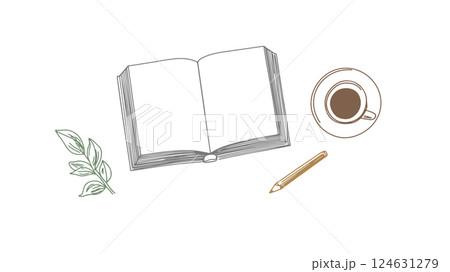 Open book coffee pencil leaves. Sketch simple line art. Perfect education, reading, or study blog. Black white minimalist top view flat lay design 124631279