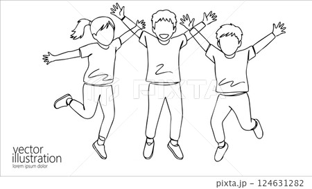 Happy kids jumping together. Raised hands simple outline. Children's events school projects. Line art monochrome white background vector illustration 124631282
