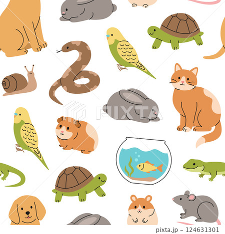 Seamless pattern with cute pets: cat, dog, rabbit, guinea pig, hamster, rat, parrot, fish, snake, turtle, lizard and snail. Cartoon domestic animals. Vector flat illustration on white background 124631301