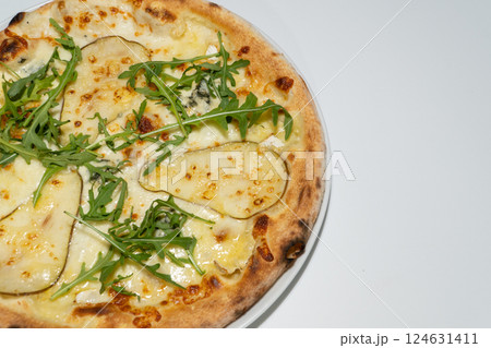 Delicious Gourmet Pizza with Melted Cheese, Fresh Rocket Leaves, and Thinly Sliced Eggplant Delicious Gourmet Pizza with Melted Cheese, Fresh Rocket Leaves, and Thinly Sliced Eggplant 124631411