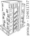 hand drawn sketch of Perspective cut away section of apartmen building with with six floors and staircase inside 124631737