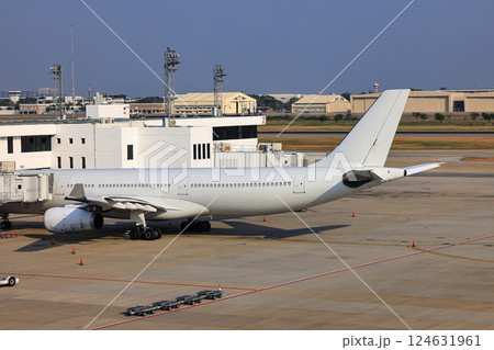 The white commercial airplane on process of Pre-flight service and handling at International Airport. The white commercial airplane on process of Pre-flight service and handling at International Airport. 124631961