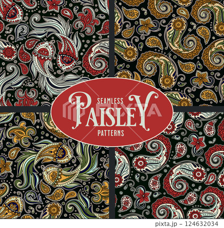 Paisley Vintage Pattern Set Seamless Indian Motif Boho Antique Folk Ethnic Background 124632034
