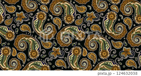 Batik Seamless Paisley Pattern With Swirls Floral Elements And Ornamental Details In A Decorative Ethnic Boho Indian Art Nouveau Style Batik Seamless Paisley Pattern With Swirls Floral Elements And Ornamental Details In A Decorative Ethnic Boho Indian Art Nouveau Style 124632038