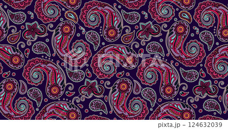 Batik Seamless Paisley Pattern With Swirls Floral Elements And Ornamental Details In A Decorative Ethnic Boho Indian Art Nouveau Style Batik Seamless Paisley Pattern With Swirls Floral Elements And Ornamental Details In A Decorative Ethnic Boho Indian Art Nouveau Style 124632039