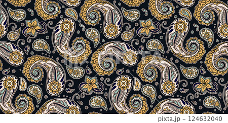 Batik Seamless Paisley Pattern With Swirls Floral Elements And Ornamental Details In A Decorative Ethnic Boho Indian Art Nouveau Style 124632040