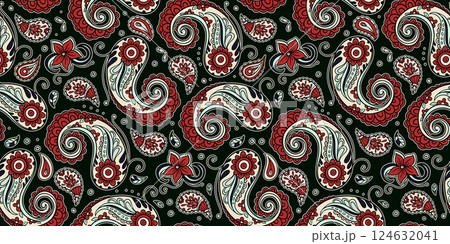 Highly Detailed Seamless Paisley Pattern Featuring Hand-Drawn Ornamental Swirls, Floral Elements And Curves Highly Detailed Seamless Paisley Pattern Featuring Hand-Drawn Ornamental Swirls, Floral Elements And Curves 124632041