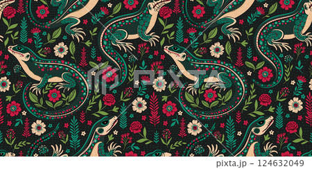 Seamless Vintage Pattern Forest Folk Art Batik Nouveau Lizard Animal Ethnic Floral Motif Retro Woodland Texture Boho Background 124632049
