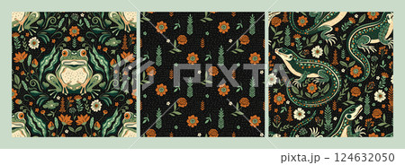 Seamless Vintage Pattern Set Forest Folk Art Lizard and Nouveau Frog Animal Ethnic Floral Motif And Retro Woodland Texture Boho Background 124632050