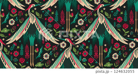 Seamless Vintage Forest Woodland Pattern Ethnic Folk Art Crane Birds Flowers And Leaves Motif On A Dark Boho Background 124632055