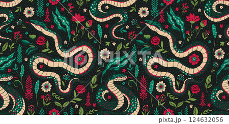 Seamless Vintage Pattern Folk Art Snake Ethnic Forest Floral Motif Retro Woodland Texture Background 124632056