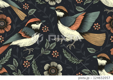 Seamless Exotic Birds Vector Ethnic Motif Art Nouveau Vintage Pattern Bird Background Boho Style 124632057