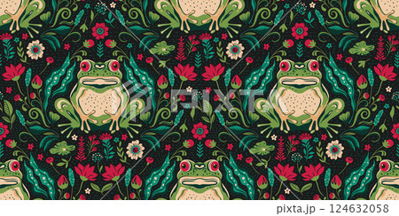 Seamless Vintage Pattern Folk Art Swamp Frog Nouveau Ethnic Floral Batik Motif Retro Woodland Boho Forest Texture 124632058