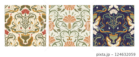 Art Nouveau Butterfly Vintage Pattern Set Seamless Vector Background Baroque Floral Antique Motif Boho Ethnic Ornament 124632059