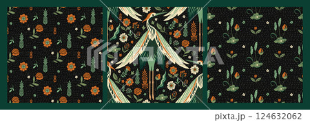 Seamless Bird Vintage Forest Woodland Pattern Set Ethnic Folk Art Crane Birds Flowers And Leaves Motif On A Dark Background Seamless Bird Vintage Forest Woodland Pattern Set Ethnic Folk Art Crane Birds Flowers And Leaves Motif On A Dark Background 124632062