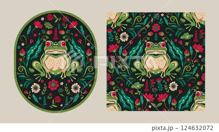 Vintage Boho Pattern Card Set Ornamental Toad Frog Among Swamp Flowers Ethnic Bohemian Baroque Motif Vintage Boho Pattern Card Set Ornamental Toad Frog Among Swamp Flowers Ethnic Bohemian Baroque Motif 124632072
