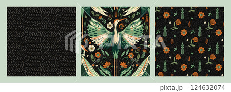 Seamless Bird Forest Woodland Vintage Pattern Texture Set Ethnic Nouveau Folk Art Crane Birds Flowers And Leaves Motif Boho Backgrounds Seamless Bird Forest Woodland Vintage Pattern Texture Set Ethnic Nouveau Folk Art Crane Birds Flowers And Leaves Motif Boho Backgrounds 124632074