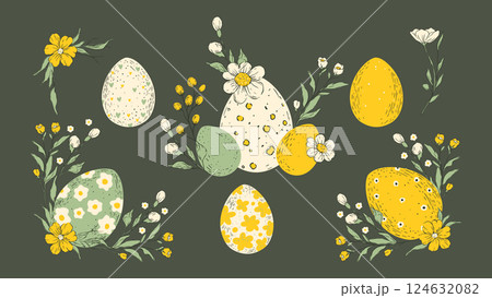 Easter Egg Hunt Collection Isolated Pastel Sketch Floral Eggs Spring Flower Holiday Rustic Folk Vector Set 124632082