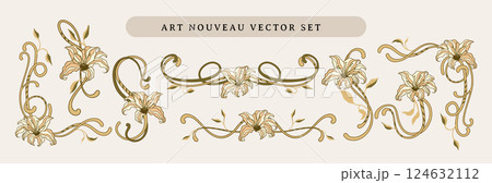 Art Nouveau Bohemian Baroque Motif Border Frame Set Lily Floral Elements And Ornamental Swirls In A Vintage Folk Style 124632112