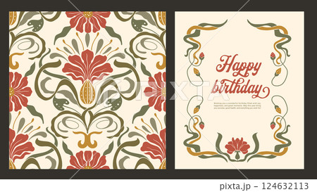 Floral Art Nouveau Frame Folk Seamless Vintage Pattern and Greeting Birthday Card Ornate Motif Vector Set 124632113