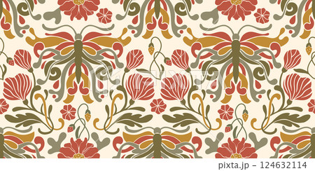 Art Nouveau Butterfly Vintage Pattern Seamless Vector Background Baroque Floral Antique Motif Boho Bohemian Ethnic Ornament 124632114
