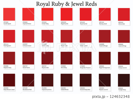 Color Swatches 28 Royal Ruby and Jewel Reds - 3d Bright Vibrant to Dark Deep Tones - with HEX Codes and Names, Colour Palette, Scheme and Combinations 124632348