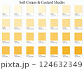 Color Swatches 28 Soft Cream and Custard Shades - 3d Light Faded Yellows to Bright Deep Tones - with HEX Codes and Names, Colour Palette, Scheme and Combinations 124632349