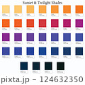 Color Swatches 32 Sunset and Twilight Shades - 3d Light, Orange, Pink, Blue to Dark Deep Tones - with HEX Codes and Names, Colour Palette, Scheme and Combinations 124632350