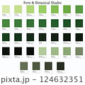 Color Swatches 32 Fern and Botanical Shades - 3d Light Faded Moss Greens to Dark Deep Tones - with HEX Codes and Names, Colour Palette, Scheme and Combinations 124632351
