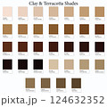 Color Swatches 32 Clay and Terracotta Shades - 3d Light Faded Browns to Dark Deep Tones - with HEX Codes and Names, Colour Palette, Scheme and Combinations 124632352