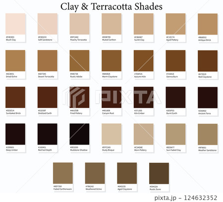 Color Swatches 32 Clay and Terracotta Shades - 3d Light Faded Browns to Dark Deep Tones - with HEX Codes and Names, Colour Palette, Scheme and Combinations 124632352
