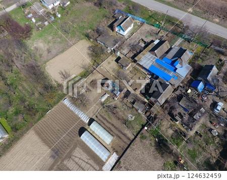 Village view from above, vegetable gardens and gardens in the village Village view from above, vegetable gardens and gardens in the village 124632459