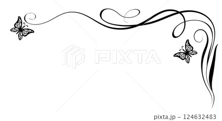 Floral corner ornament with butterflies, leaves and abstract lines. Graceful element for decor and greeting or invitation card design 124632483