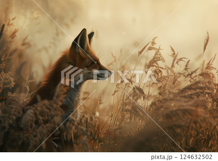 In a serene winter grassland, a red fox stands alert amidst tall grass, capturing the tranquil essence of nature at twilight. Its fur glints in the low light 124632502
