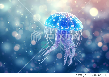 A vivid blue jellyfish adorned with white dots gently drifts through a serene underwater setting illuminated by soft shimmering lights, creating a magical atmosphere 124632504