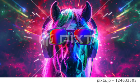 A joyful horse showcases its playful side while wearing bright sunglasses, surrounded by an energetic backdrop filled with colorful lights and festive vibes 124632505