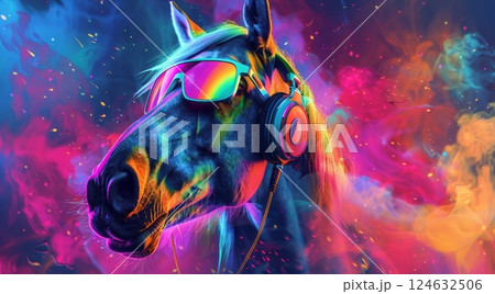 A joyful horse showcases its fun personality with colorful sunglasses and headphones, surrounded by a lively backdrop of bright colors and patterns, evoking a sense of delight 124632506
