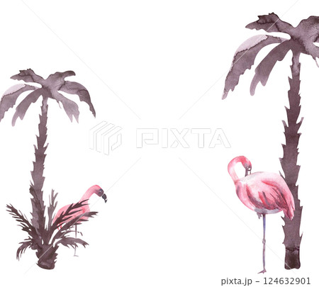 Watercolor frame with palm trees and pink flamingo. Watercolor illustration of Tropical landscape. Silhouette of tropical tree and bird. Summer tropical designs for invitation, card, cosmetic package 124632901